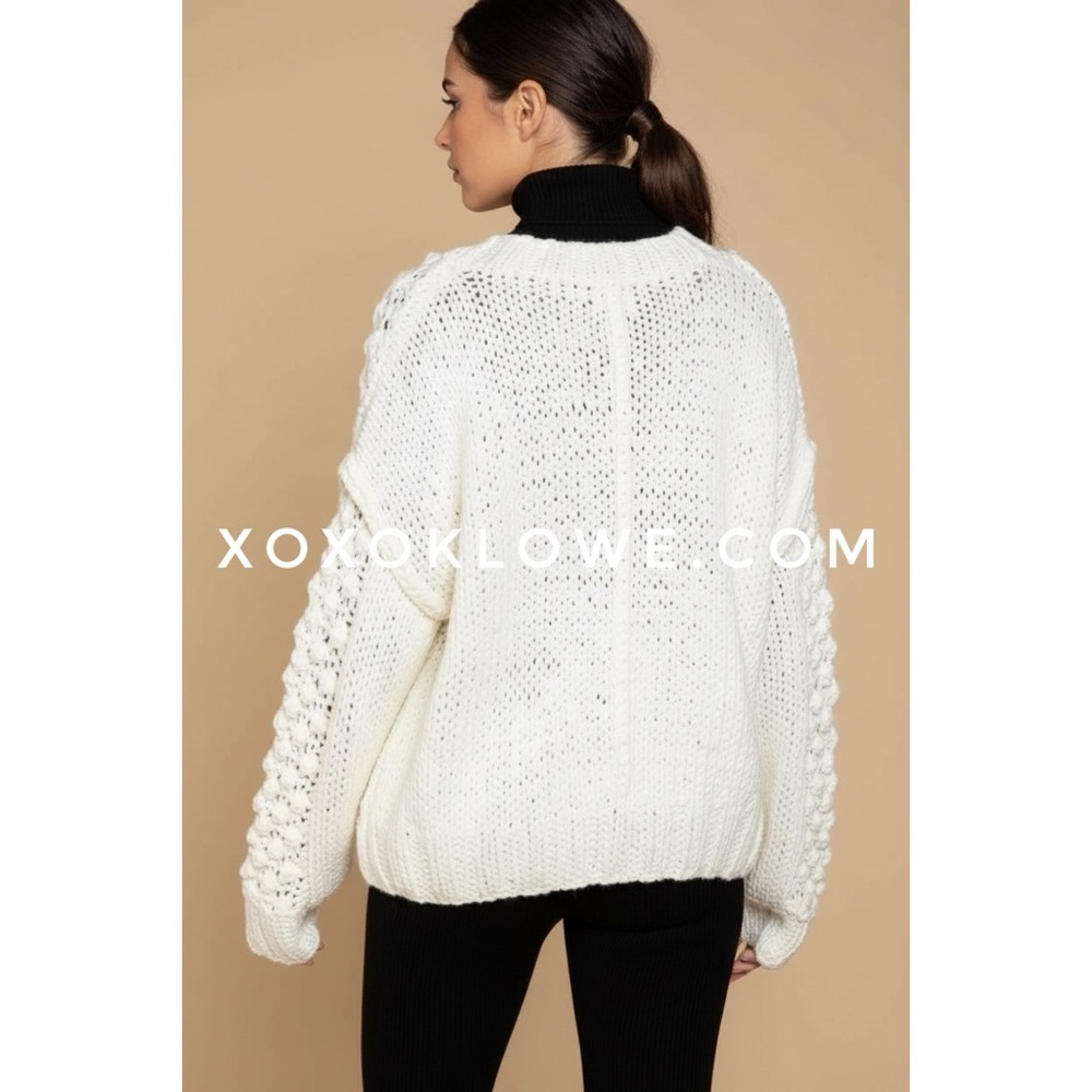 POL Ivory Bobble Stitch Crochet Cardigan | Button Front Knit - Picture 5 of 10